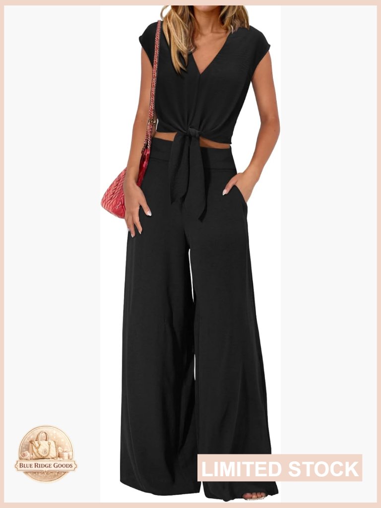 V Neck Cap Sleeve Crop Top Wide Leg Pant Set Casual Chic Summer Outfit
